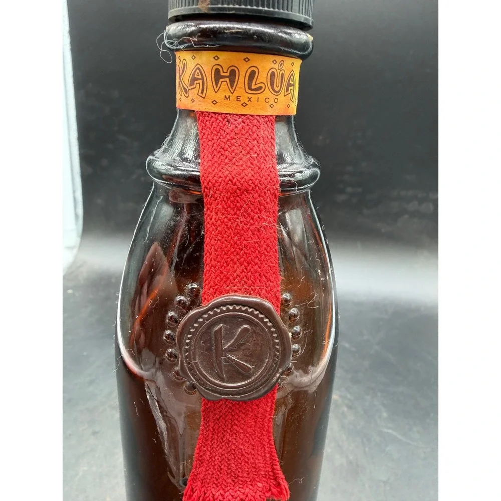 Vintage Kahlua Mexico Amber Glass Bottle Red Ribbon Faux Wax Seal Collectible